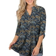 Womens Plus Size 3/4 Roll Sleeve Floral Tunic Shirt Casual V Neck Flowy Blouses Tops