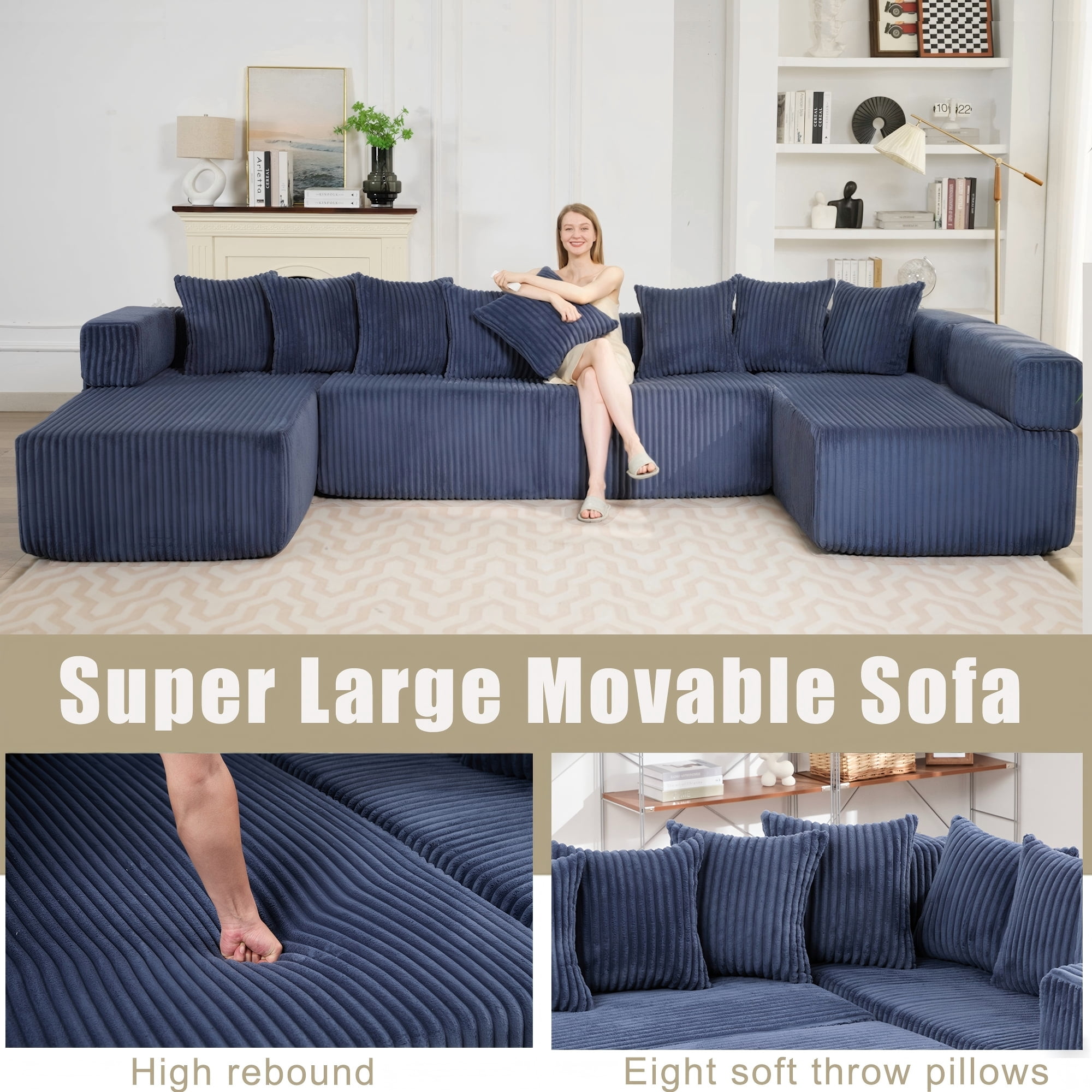 LLappuil 146" Sectional Sofa, U Shaped Sectional Couch with Chaise, 5 Seat Corduroy Sofa Convertible Sleeper Sofa Bed for Living Room Blue