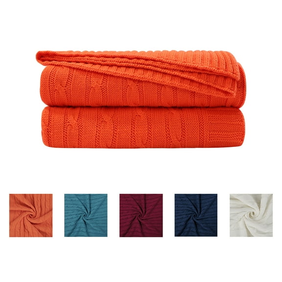 Unique Bargains Soft 100% Cotton Cable Knitted Throw Blanket For Couch Orange 47" x 70"