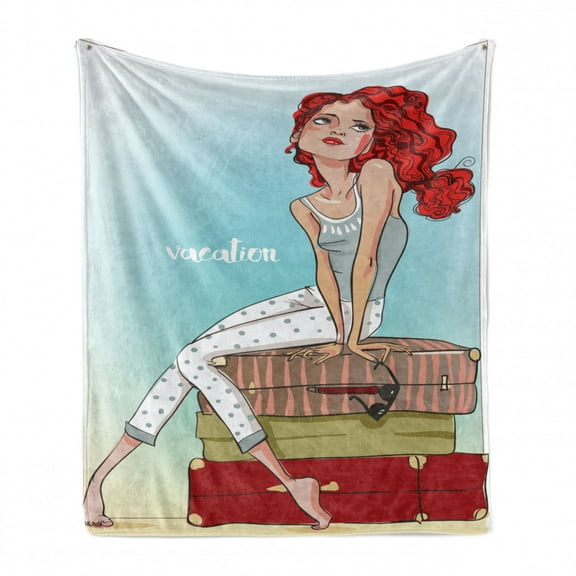 Vacation Soft Flannel Fleece Throw Blanket, Young Ginger Girl with Suitcases and Lettering Holiday Traveller Trip Theme, Cozy Plush for Indoor and Outdoor Use, 70" x 90", Multicolor, by Ambesonne