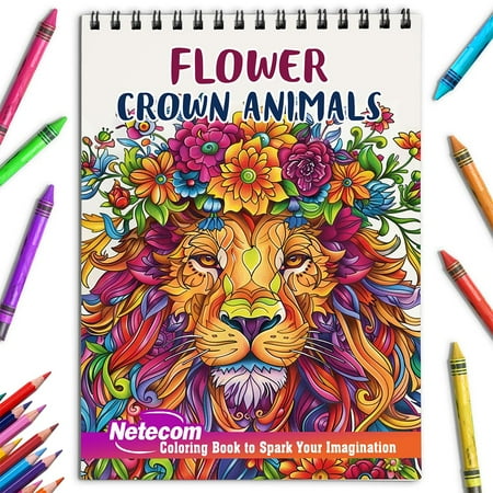 Netecom Flower Crown Animals Coloring Book for Adults Spiral Bound Soft Cover
