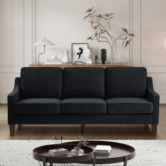 Stylish 3-Person Sofa Couch having Scooped Armrests & Wood Legs, Upholstered in Velvet with Removable Cushions