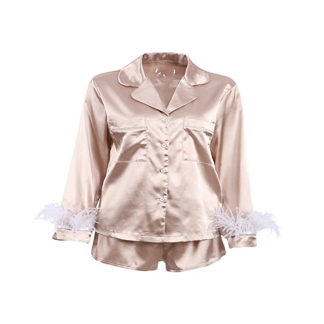 Femmes Pyjama 2 Pcs Manches Longues Poignets en Plumes Blouse Shorts
