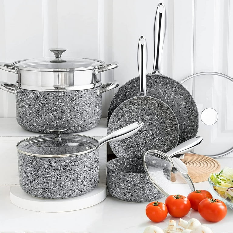 Chalksea Stone Cookware Set 10 Piece Ultra Nonstick Pots and Pans Set with Stone-Derived Coating Kitchen Cookware Sets Stone Pots and Pans Set Granite