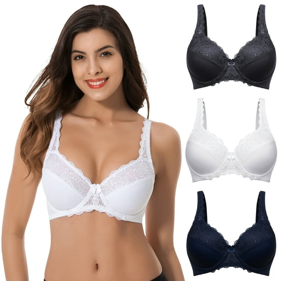Curve Muse Plus Size Minimizer Underwire Unlined Bra with Embroidery Lace-3Pack-NAVY,White,SLATE-48D