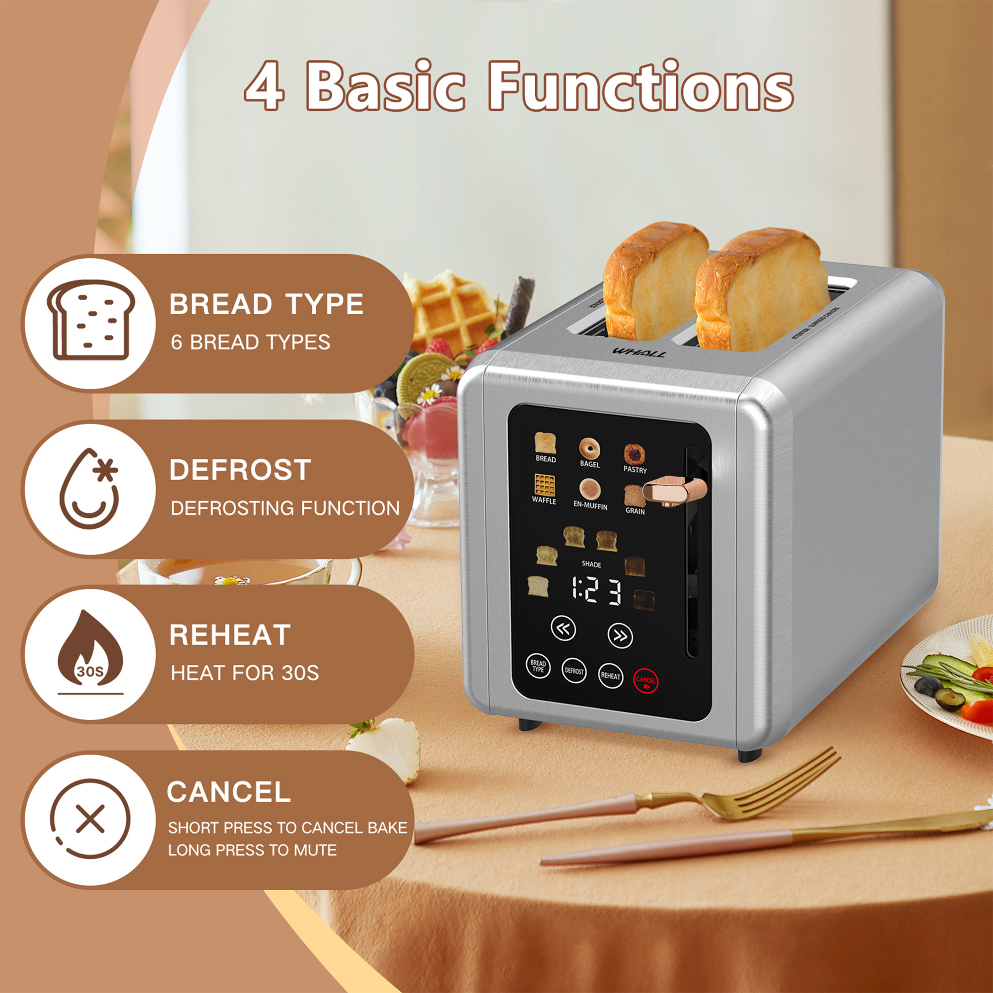 WHALL Touchscreen Toaster 2 Slice - Stainless Steel Toaster with Wide Slot, 6 Shade Settings, Bagel Function, Removable Crumb Tray
