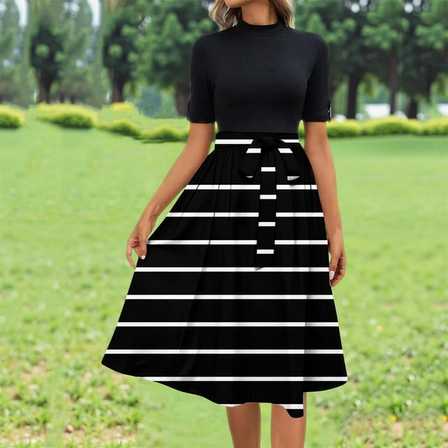 Weiqiqre Robes Grande Taille Fluides à Manches Courtes Taille Empire d'Été à Col Rond Longueur Midi Mode Robes Soleil Ceinturées pour Femmes