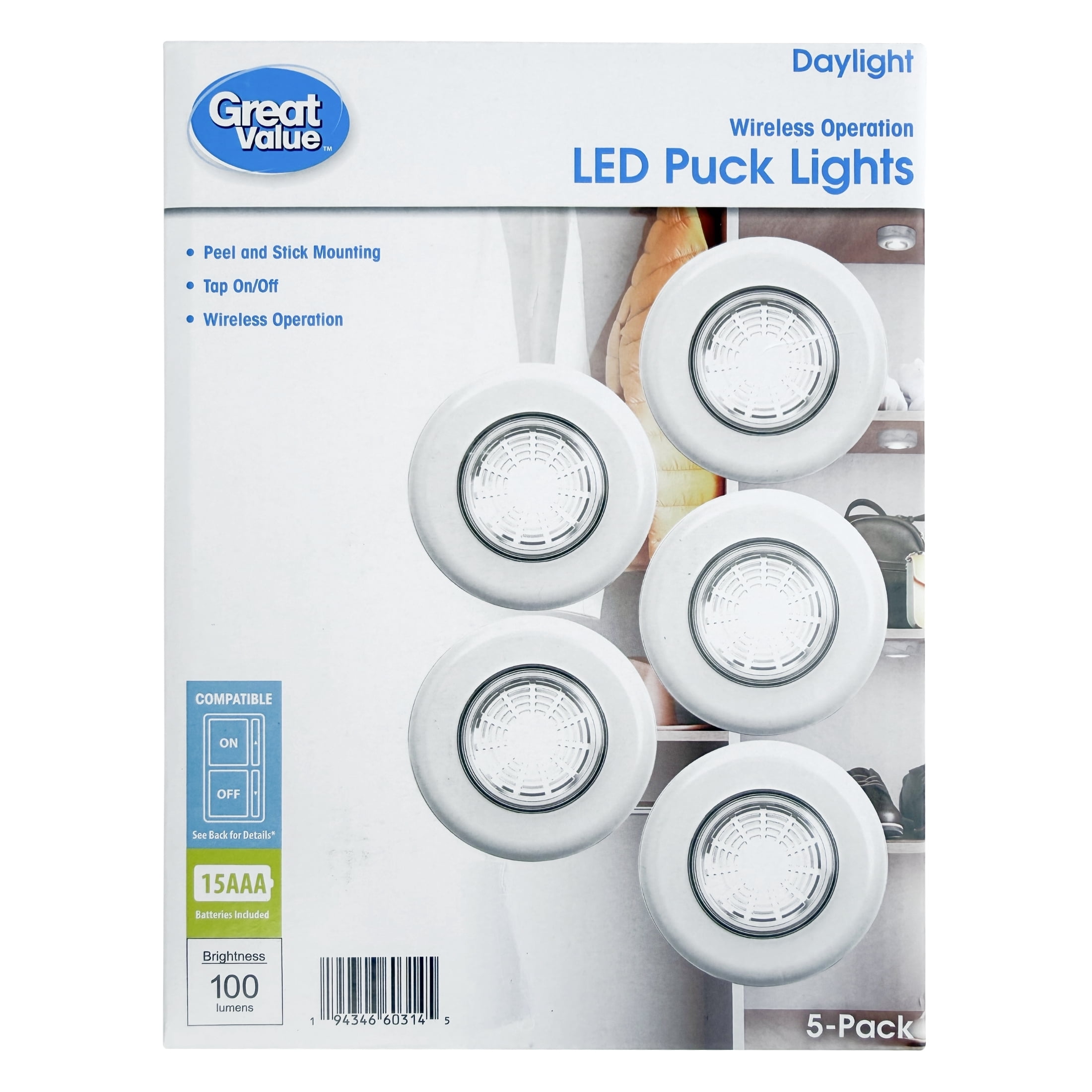 Great Value 5 Pack Wireless LED Puck Lights