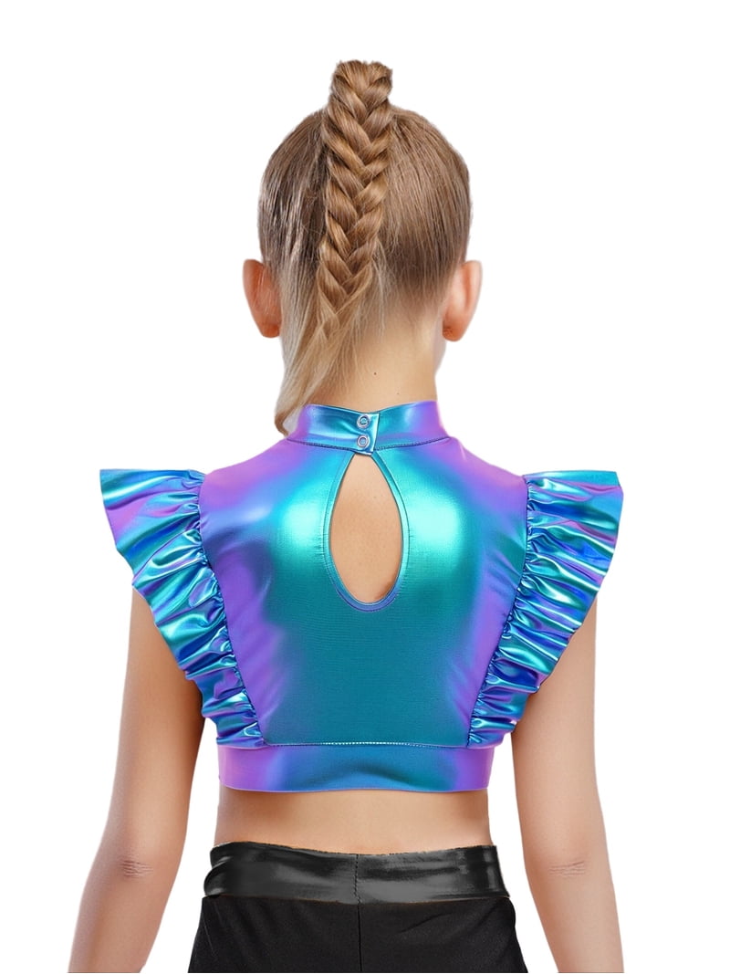TiaoBug Kids Girls Shiny Metallic Crop Top Jazz Dance Shirts Hip