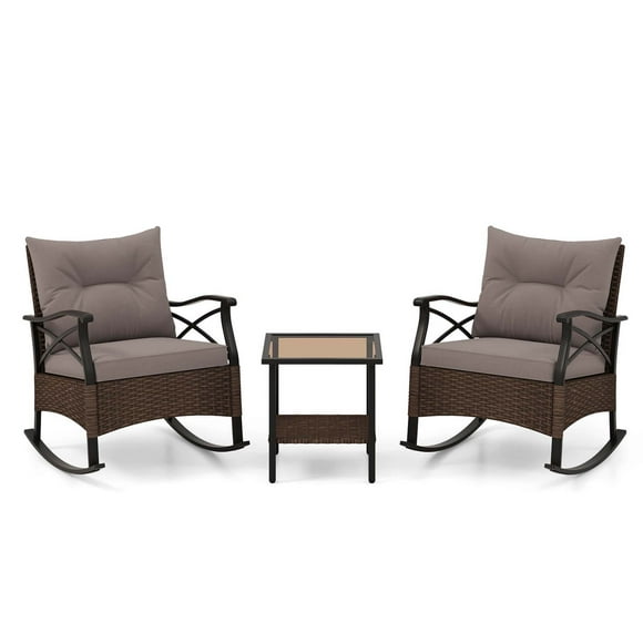 Costway Juego De Mecedoras De 3 Piezas, De Mimbre Con Mesa De Centro De 2 Niveles Y Cojines Suaves Para El Respaldo Del Asiento, Para Exteriores Para Patio, Porche Delantero, Junto A La Piscina
