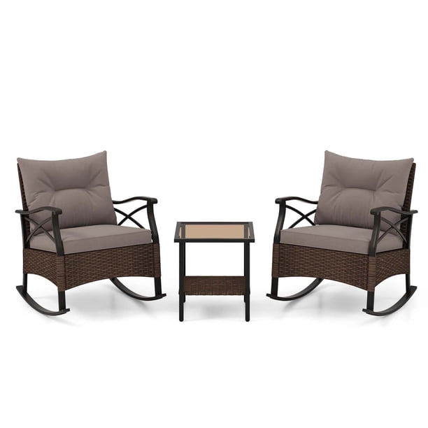Costway Juego De Mecedoras De 3 Piezas, De Mimbre Con Mesa De Centro De 2 Niveles Y Cojines Suaves Para El Respaldo Del Asiento, Para Exteriores Para Patio, Porche Delantero, Junto A La Piscina