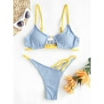 thumbnail image 3 of ZAFUL Women Swimsuit Contrast Strap Ribbed Cut Out Thong Bikini Swimwear Light Blue M, 3 of 6