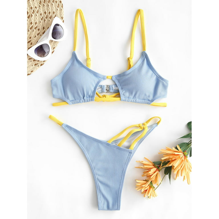 ZAFUL Cutout Ribbed Bikini Swimwear In BLUE