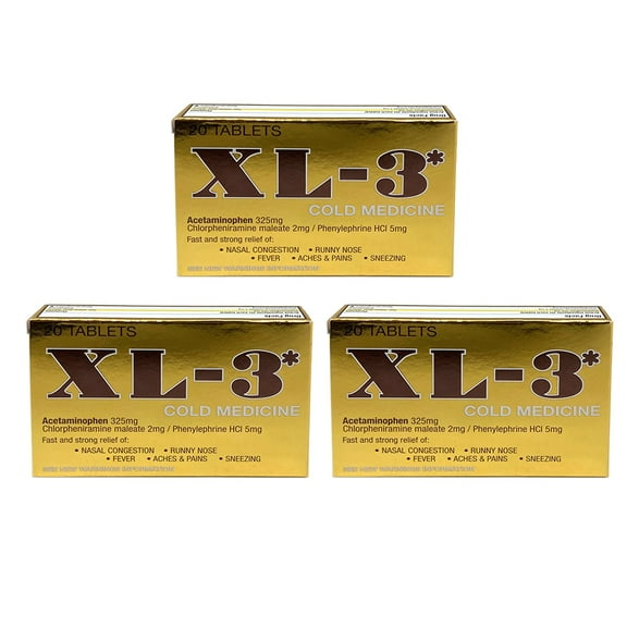 XL-3 Cold Medicine. Strong and Fast Relief for the Common Cold, Fever, Nasal Congestion, Sneezing, Aches and Pains. 20 Tablets. Pack of 3