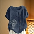 thumbnail image 4 of UPPADA Button Down Summer Shirts Womens Crewneck Cotton Linen Floral Print Shirts Vintage Trendy Loose Fit Tunic Blosues Navy,L, 4 of 5