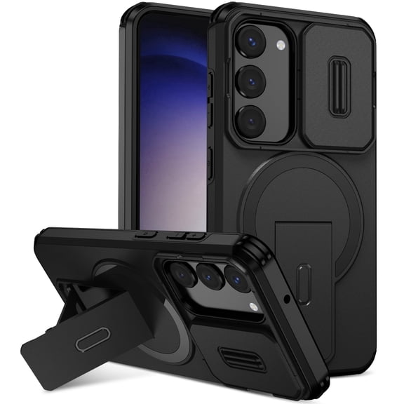 Asuwish Magnetic, Kickstand, Slide Camera Cover TPU, Plastic, Metal Hard Shell Fashion Cell Phone Case for Samsung S23, Black
