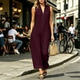 thumbnail image 3 of Capri Jumpsuits for Women Zipper Front Sleeveless Casual Rompers Wide Leg Collared One Piece Jumpsuit Wine, L, 3 of 6