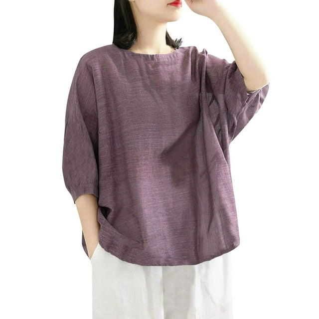 Blusa holgada de manga corta para mujer - Algodón y lino, cuello en V, ropa informal de verano/para el trabajo - Tallas M-XXXXL