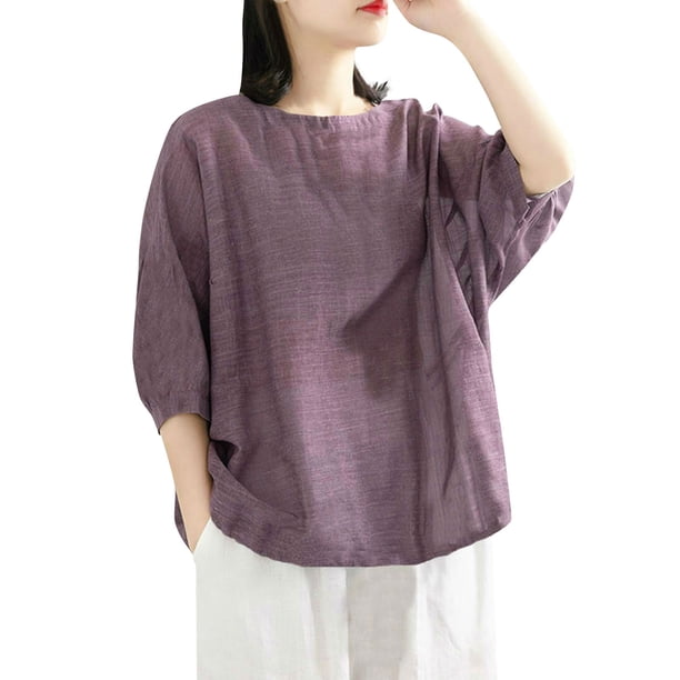 Blusa holgada de manga corta para mujer - Algodón y lino, cuello en V, ropa informal de verano/para el trabajo - Tallas M-XXXXL