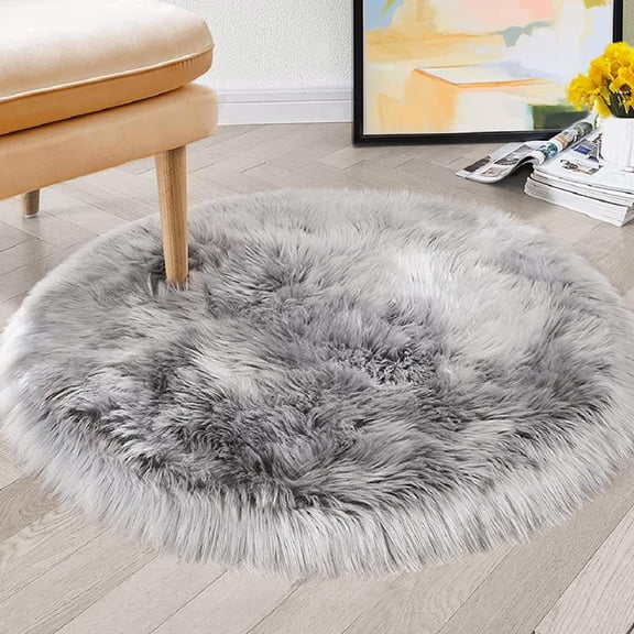 Modern Fluffy Gray Round Rug 2.6x2.6ft Faux Sheepskin Shaggy Fur Area Rugs for Bedroom Nursery Living Room Circle Floor Mats