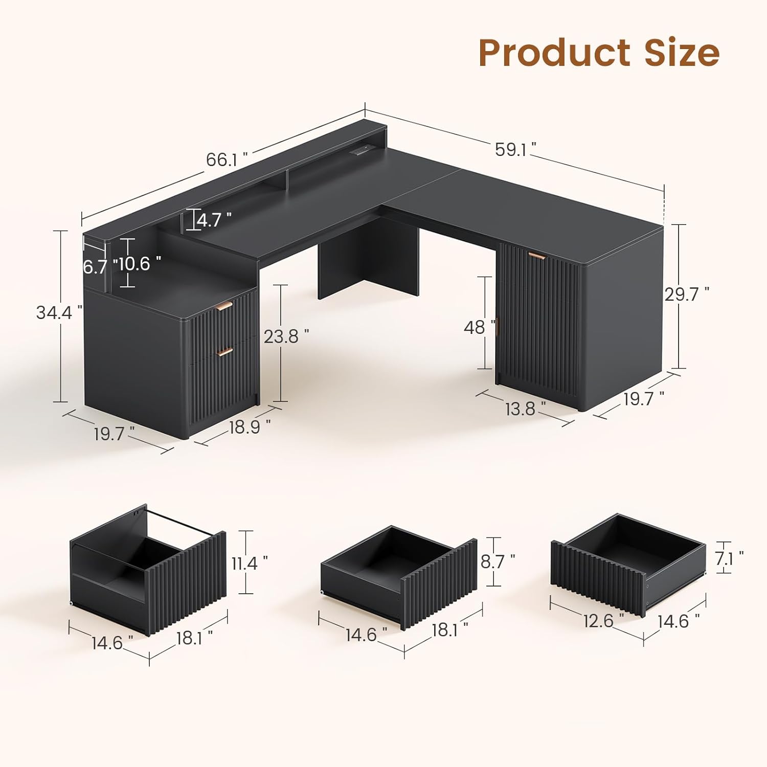 66" Fluted Home Office Desk with Storage, L Shaped Desk with Power Outlets & Monitor Stand, Wood Computer Desk with Drawers & Cabinet, Corner Desk with LED Lights for Bedroom, Black