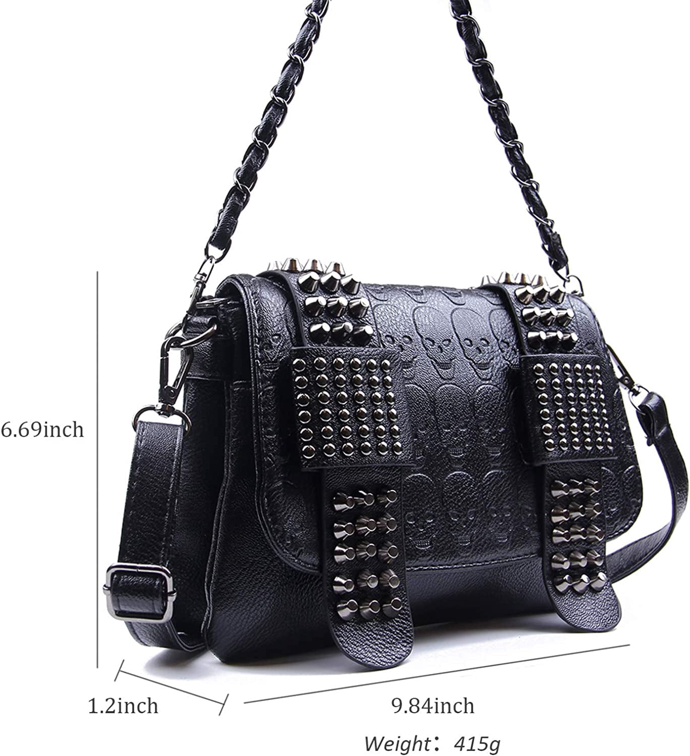 Womens Punk Skull Rivet Shoulder Bag PU Leather Goth Crossbody Bag with Chain Wallet Purse for Teen