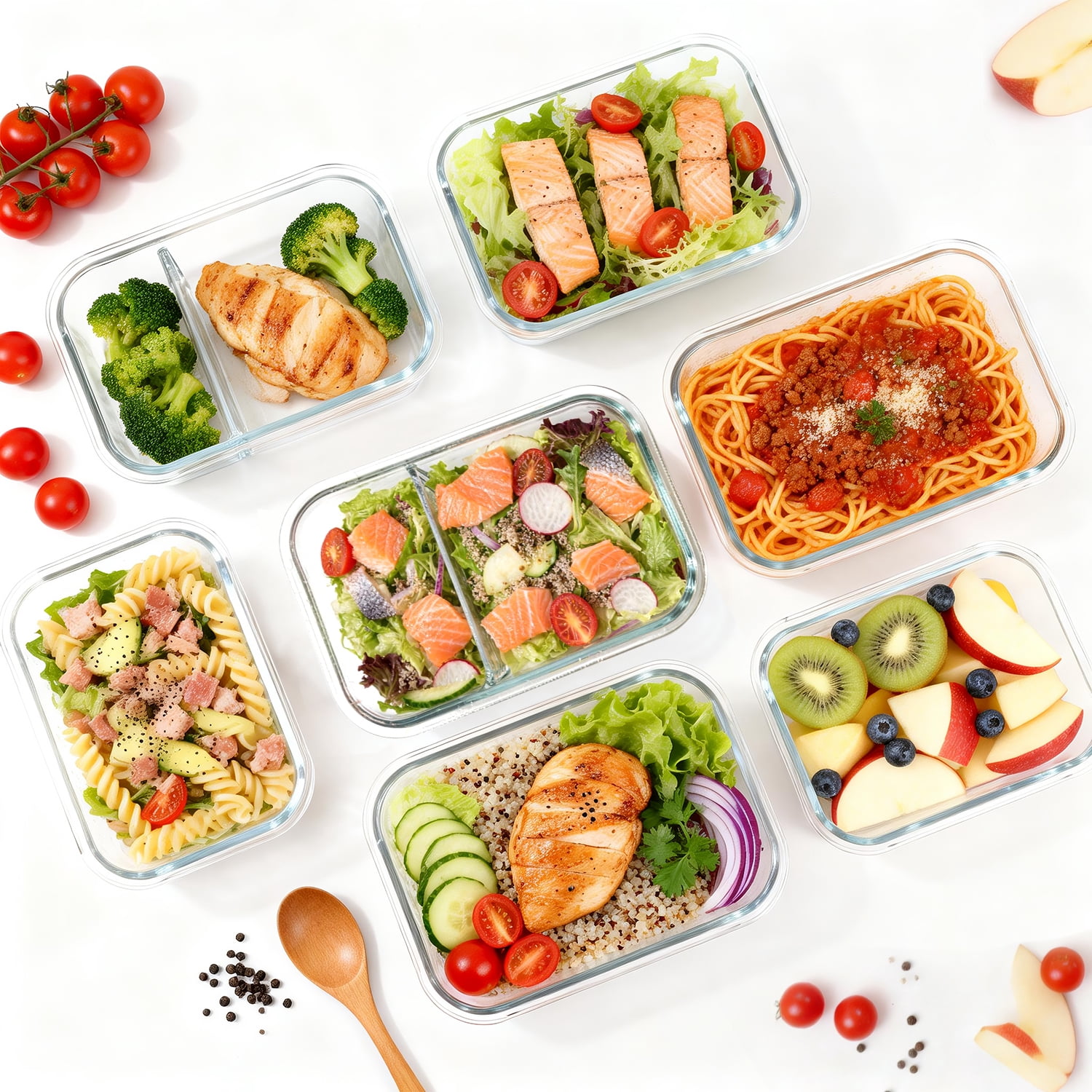 20 Pcs Glass Food Storage Containers with Lids 22oz, 1 & 2 Compartment Glass Airtight Meal Prep Containers with Sauce Containers(10 Containers & 10 Lids), Oven & Freezer Safe, Leak Proof, Grey