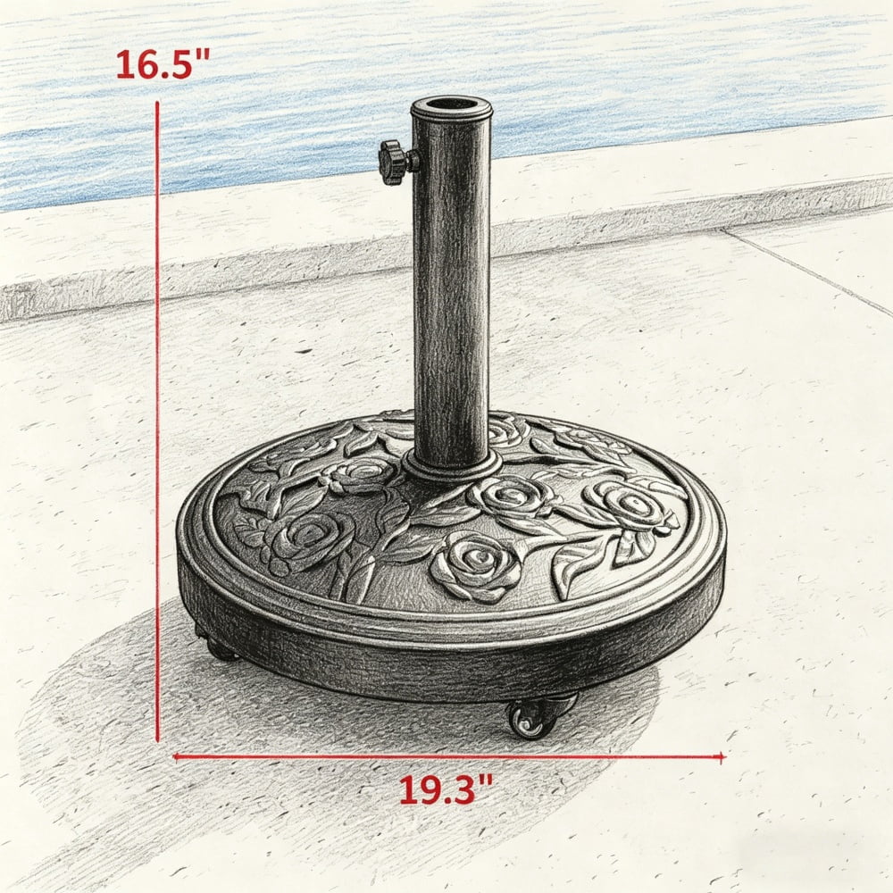 46 lbs Resin Concrete Patio Umbrella Base with Wheels Decorative Rose Pattern Umbrella Stand Fits 1.3" 1.5" 1.9" Poles for Outdoor Umbrella Up to 9.2 FT Black（Only the base）