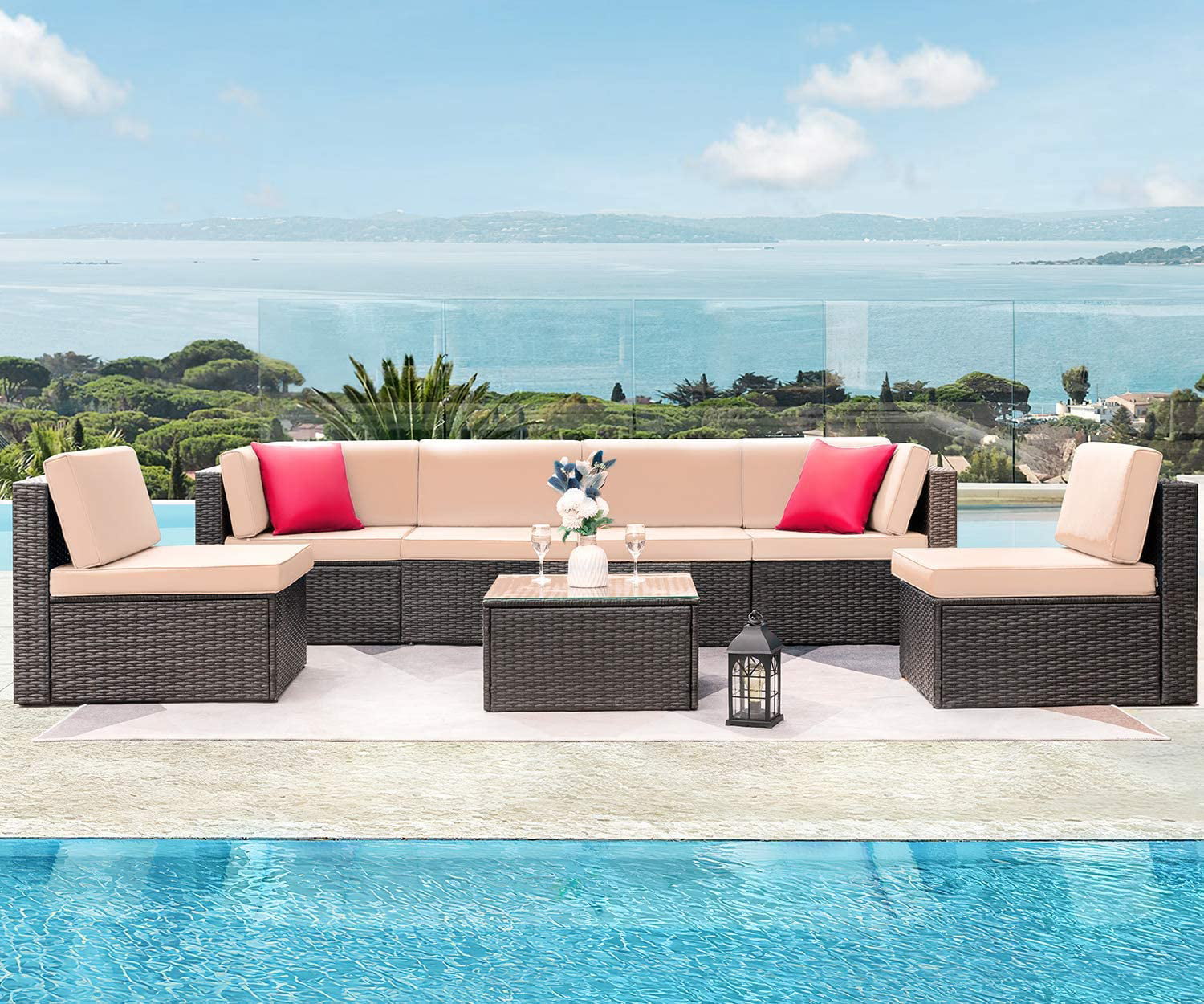 Devoko Patio Furniture Sets 6 Pieces Outdoor Sectional Rattan Sofa Manual Weaving Wicker Patio Conversation Set with Glass Table and Cushion Red
