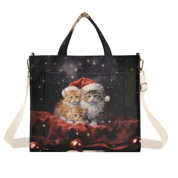 Christmas Cats Starry Sky Corduroy Tote Bag Handbag Large Messenger Bag Shoulder Crossbody Zipper Bag Purse