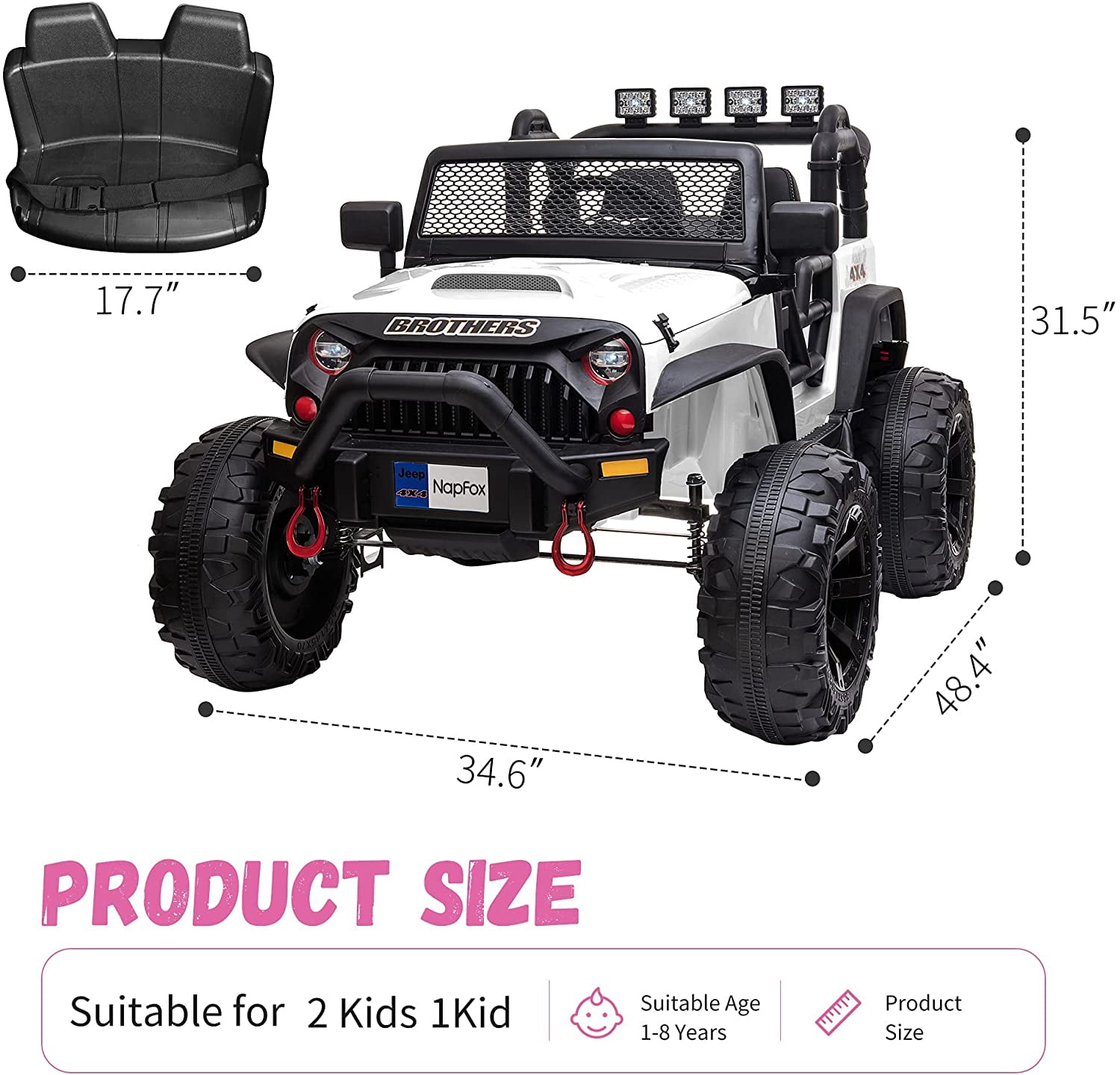 48.4" Large Ride On Car for Kids, Battery Powered Electric Car with 2 Seats, Remote Control, 14" Large Suspension Wheels, White