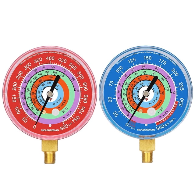 Kit De Manómetro De Refrigeración Measureman, Esfera Azul De 3-1/8 Pulgadas Y Esfera Roja, Montaje Inferior Npt De 1/8 Pulgadas, 30 Inhg-0-250 Psi, 250-500 Psi Y 0-800 Psi