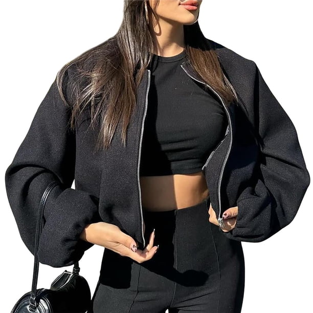 Chaqueta Corta Informal con Cremallera para Mujer, Estilo Universitario, Abrigos de Moda con Bolsillos de Ribete Negro L