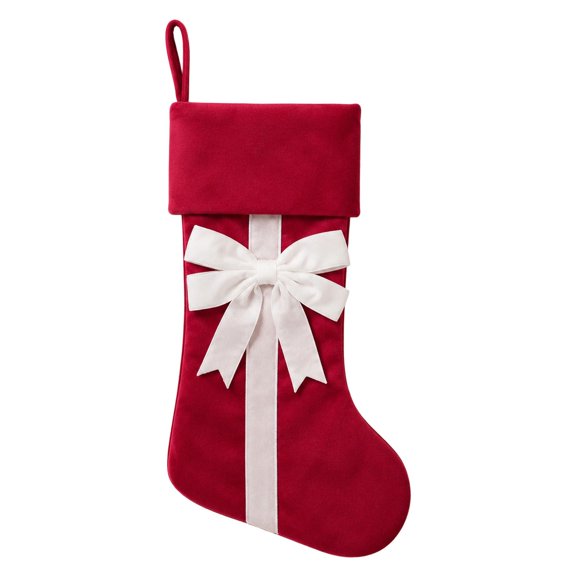 Red Velvet Christmas Stocking with Bow, 18 Inch Large Hanging Sock for Fireplace and Tree Decor, 1PC (Red)