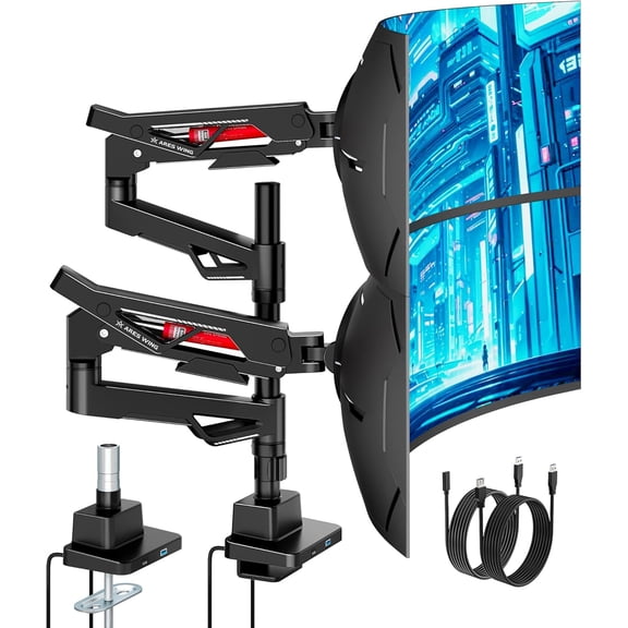 ARES WING Dual Monitor Arm with USB for 24–57" Ultrawide Screens, Heavy Duty Gas Spring Adjustable Desk Mount Holds 60 lb per Screen, Tilt, Swivel & Rotation, VESA 75x75–200x200, Clamp & Grommet, Bl