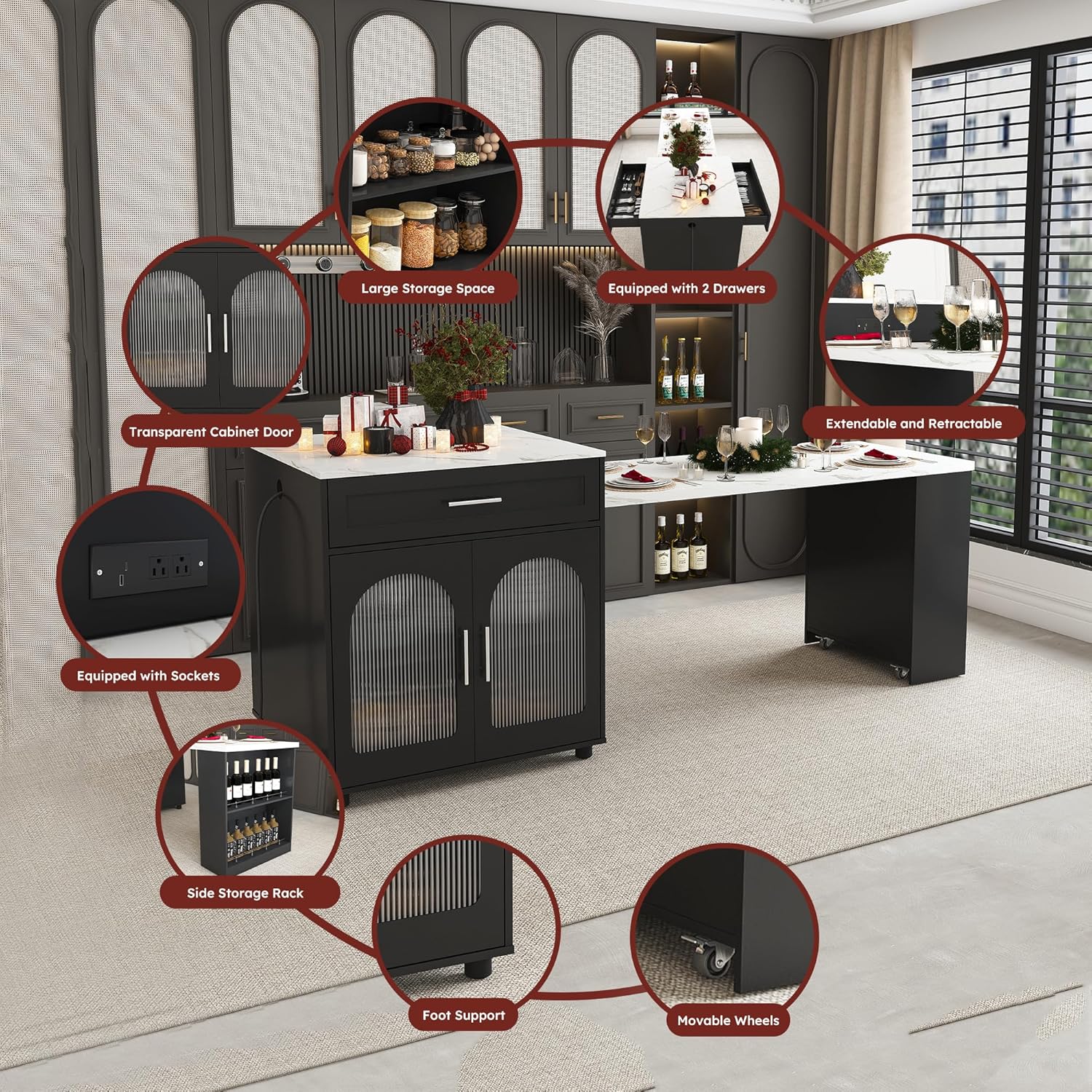 Montary 80" Expandable Kitchen Island with Extendable Table - Solid Wood Grain Countertop with Power Outlet & USB Ports, Mobile Cart with Double-Side Storage, Cabinet & Drawers (Black)
