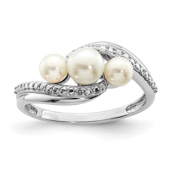925 Sterling Silver Rhodium Plated Diamond and Freshwater Cultured Pearl Ring Size 8