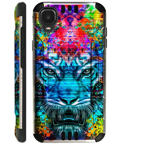 Compatible with TCL A3 Brushed Metal Texture Hybrid Silver Guard Phone Case Cover (Blue Fantasty Tiger)