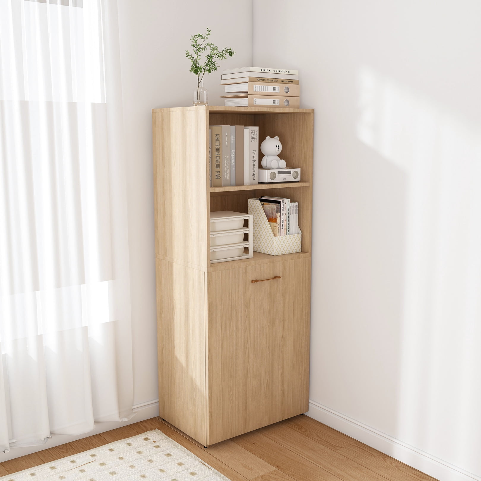 Mobile Folding Desk with Storage Shelves, Rolling Stretchable Office Desk with Wheels, Expandable Computer Table for Small Apartments and Offices, Natural