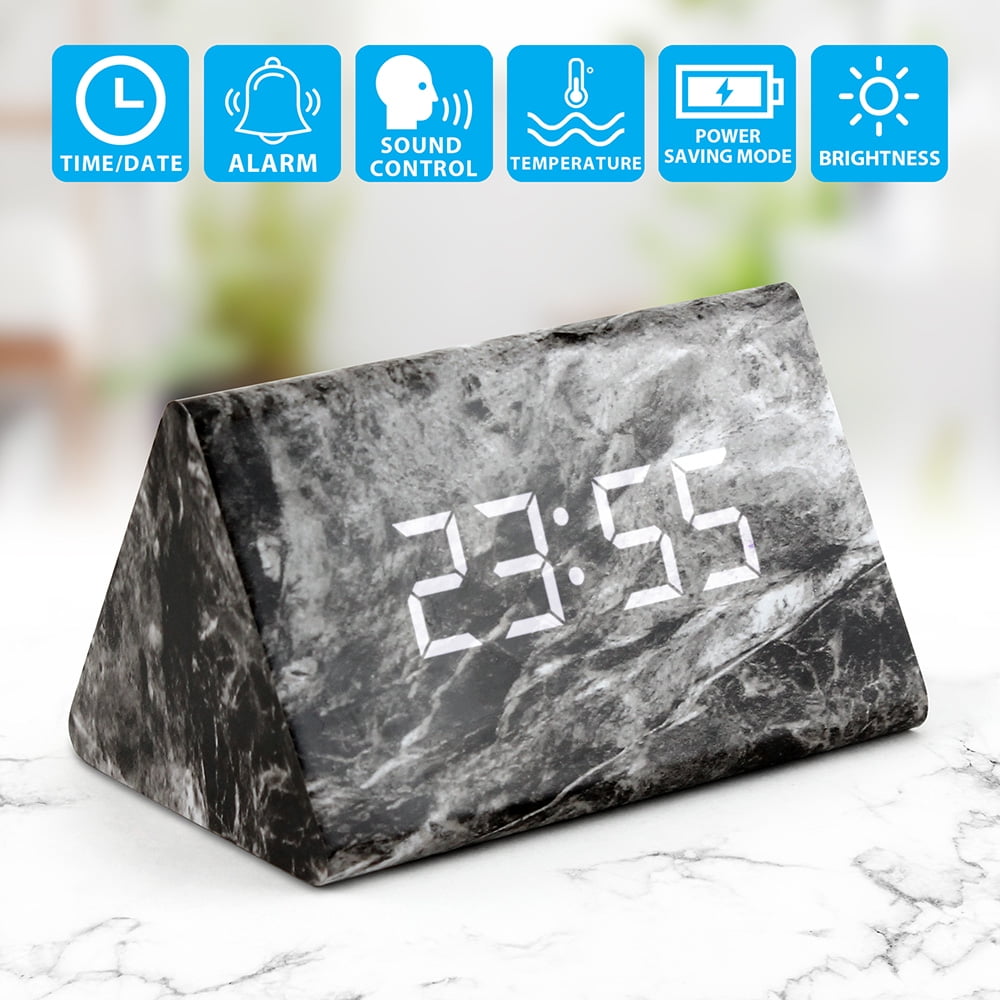 New Modern Marble Digital Wooden Wood LED Desk Alarm Clock Thermometer Timer 