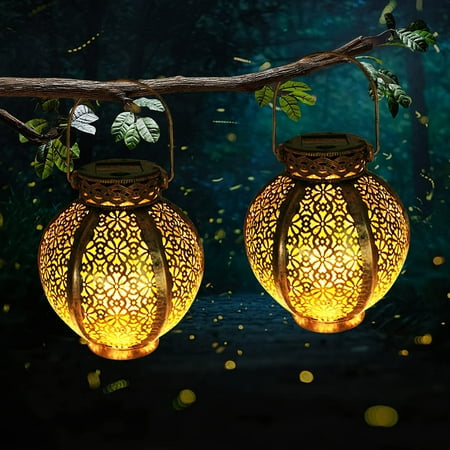 

Waterproof Solar Lanterns - 2 Pack Hanging Solar Lights - Metal Retro Solar Lantern Outdoor Decorative - Garden Patio Courtyard Party
