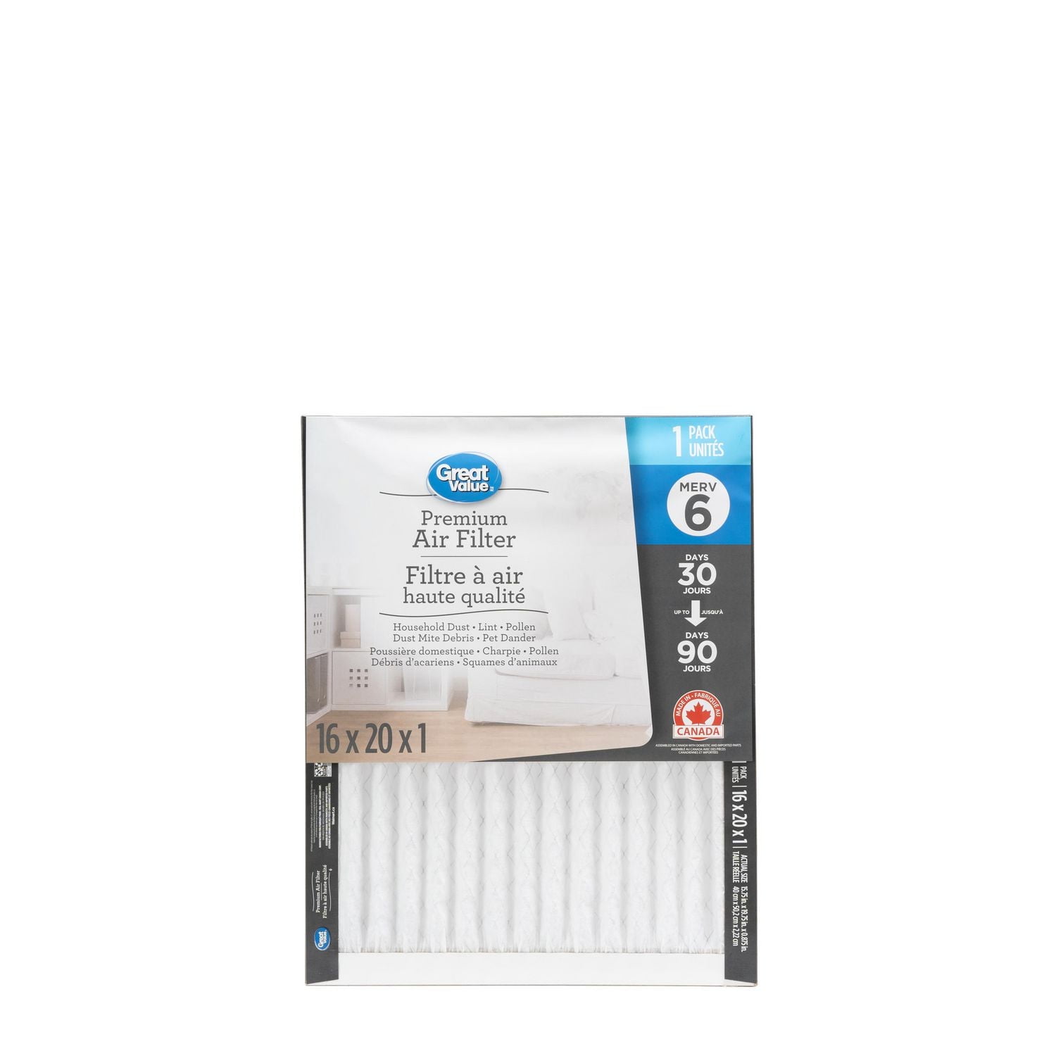 16x20x1 Great Value MERV 6 Pleated Air Filter, 16x20x1 Air Filter