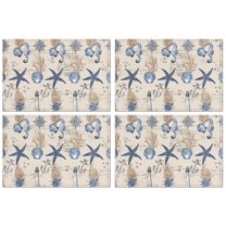 Seaside Nautical Table Mats, Starfish Coral and Anchor Pattern, Heat Resistant and Wrinkle Free Flax Placemats, Machine Washable for Summer Ocean Dining Decor, Set of 4