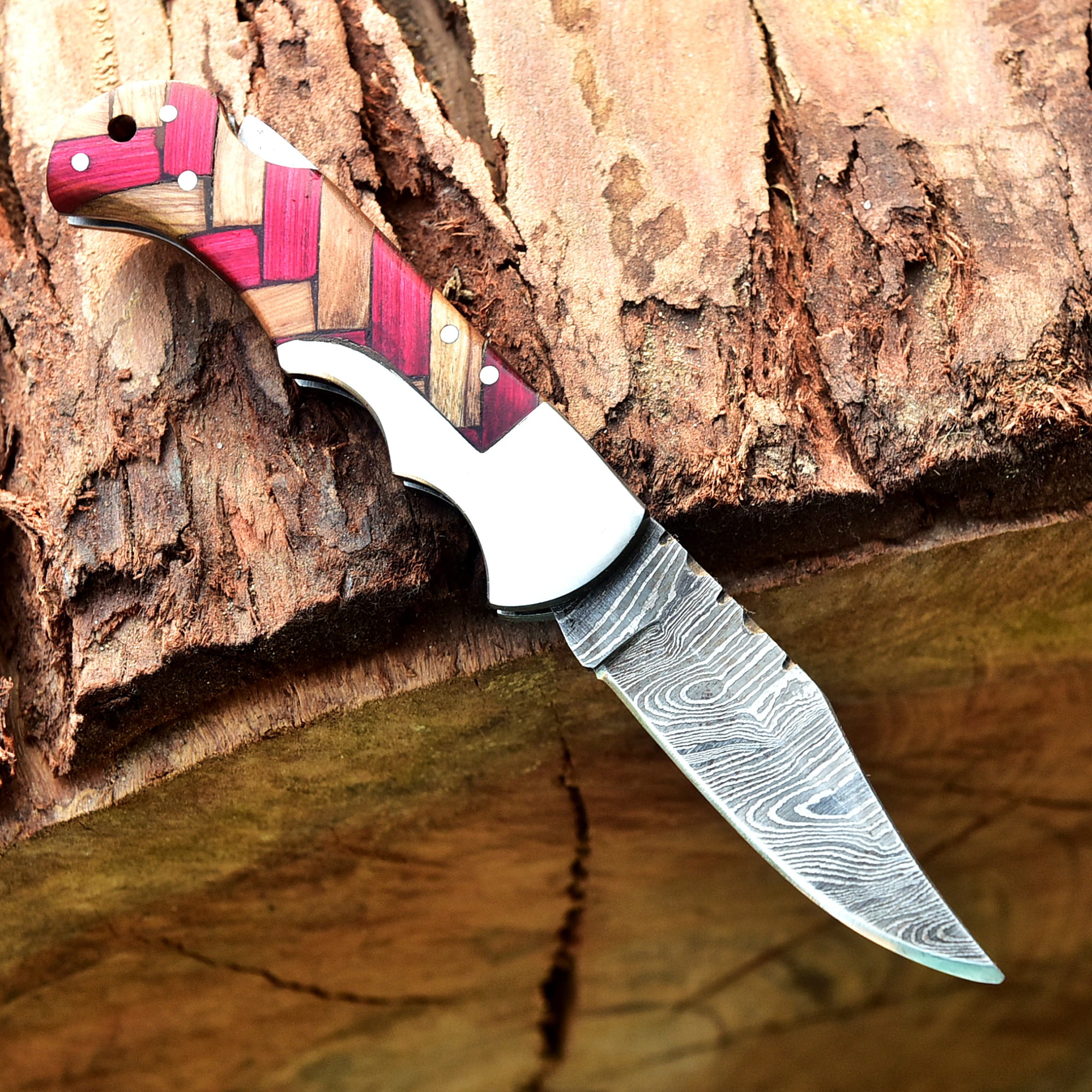 Custom Handmade Damascus Steel Folding Knife/Pocket Knife SS-170479(Red and Olive  Wood)