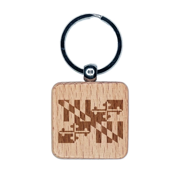 Maryland Flag Square Keychain Charm Tag - Engraved Wood