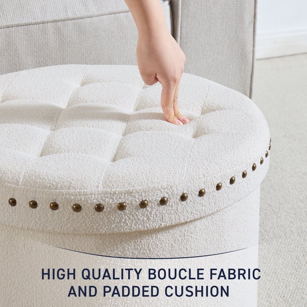 Ornavo Home Décor Large 20" Round Collapsible Ottoman with Storage with Nailhead Trim for Living Room and Bedroom - Boucle White