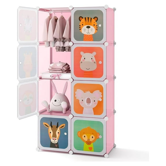 Kids Wardrobe Closet, Baby Clothes Storage Organizer, 8 Cubes & 2 Hanging Sections, Portable Children DIY Modular Bedroom Armoire Dresser Cabinet for Boys Girls (Pink, 8-Cube)