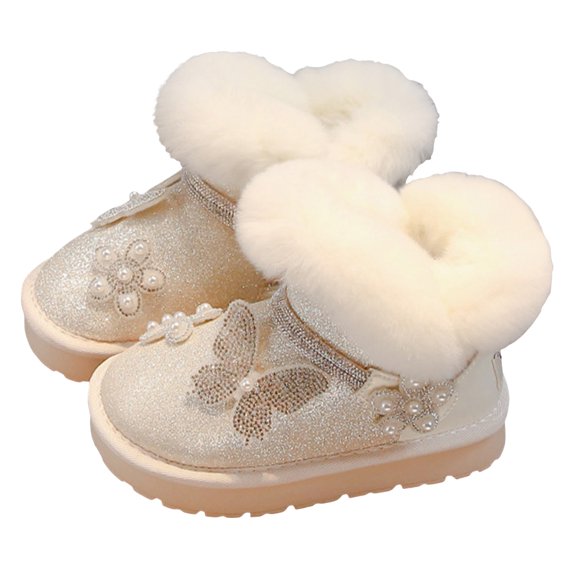 Girls Snow Boots Sparkly Rhinestone Butterfly Platform Winter Ankle Booties Slip on Plush Furry Lined Warm Boots 13 Little Kid Beige