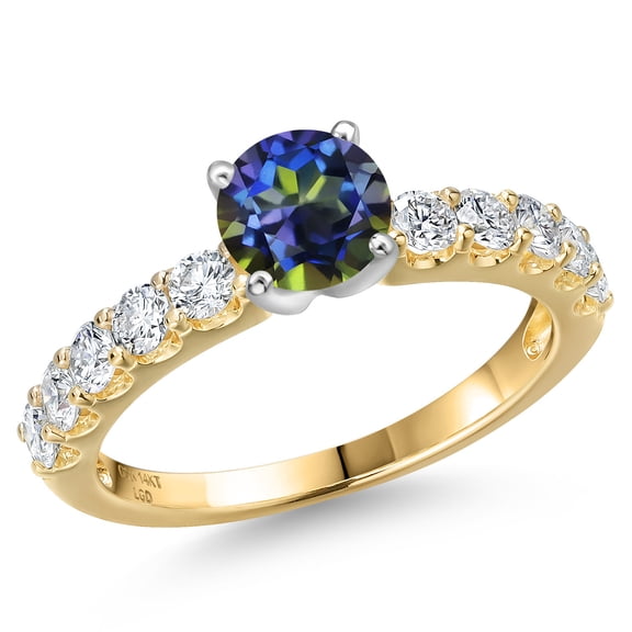 Gem Stone King 14K Two Tone Gold Blue Mystic Topaz and Lab Grown Diamond Engagement Ring for Women | 1.15 Cttw | Round 5MM | Gemstone November Birthstone | Size 9