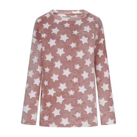 zbxnLI Fleece Pajama Tops for Women Star Graphic Long Sleeve Sleepwear Pullover Wram Winter Pj Tops